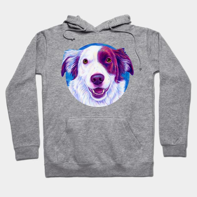 Colorful Red and White Border Collie Dog Hoodie by rebeccawangart